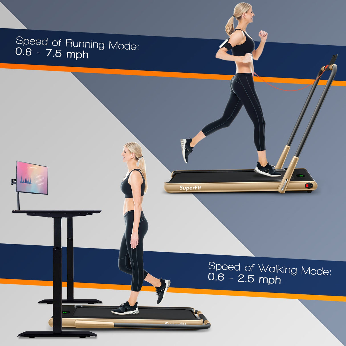 Cinta de Correr Plegable 2 en 1 con Control Remoto y Pantalla LED-Dorada