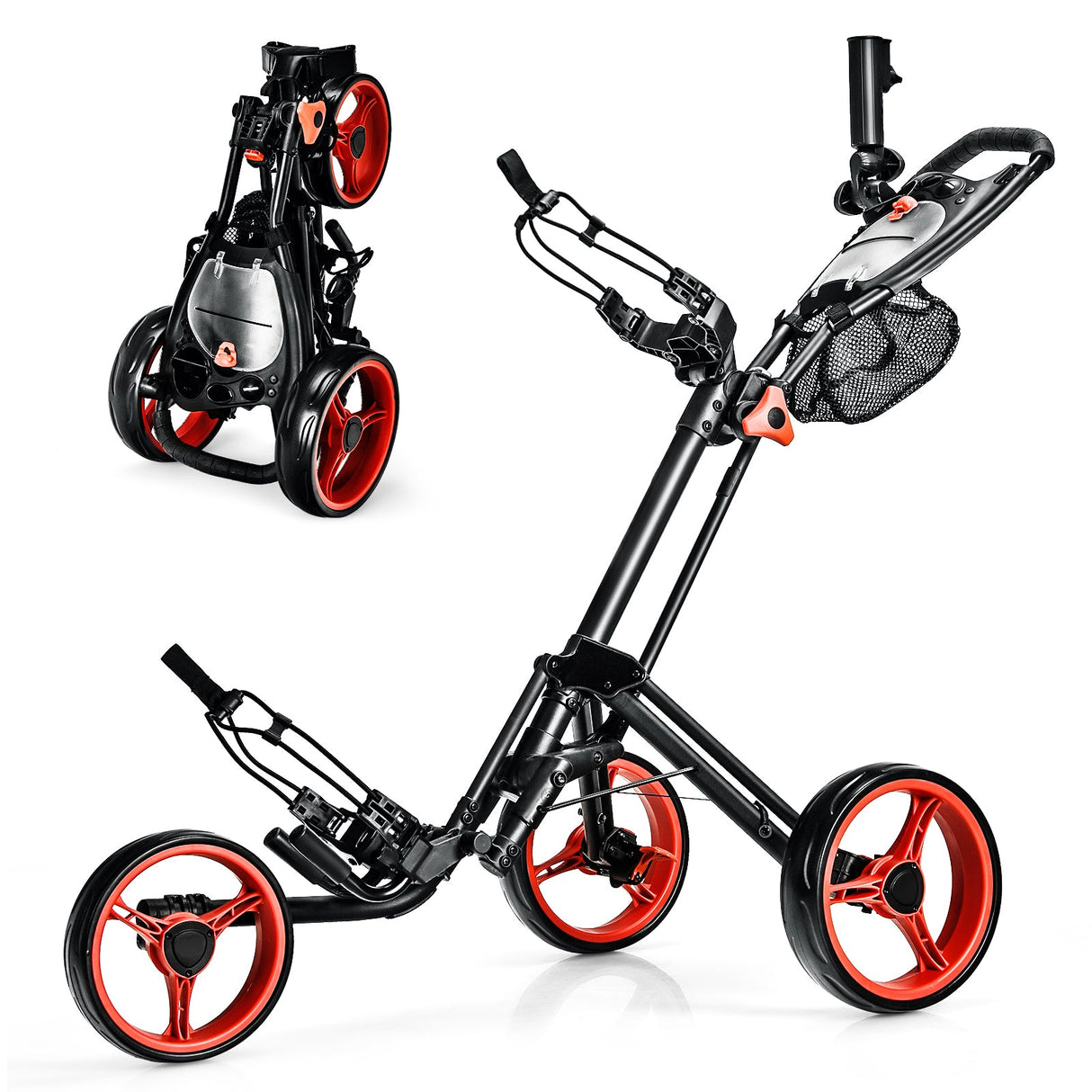 Carro de golf plegable de 3 ruedas con freno, marcador y mango ajustable