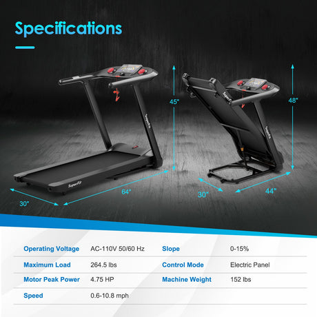 Cinta de correr plegable de 4.75 HP con programas preestablecidos y control de pantalla táctil - Negro