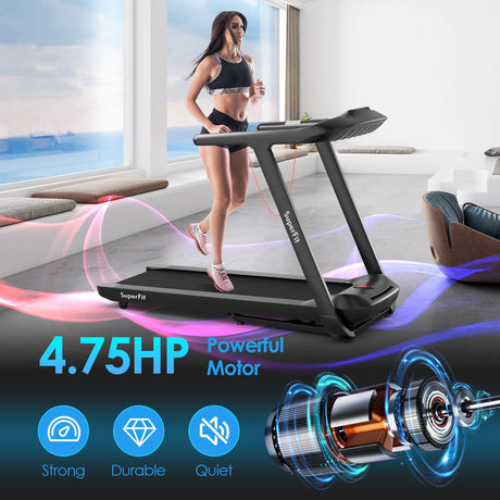 Cinta de correr plegable de 4.75 HP con programas preestablecidos y control de pantalla táctil - Negro
