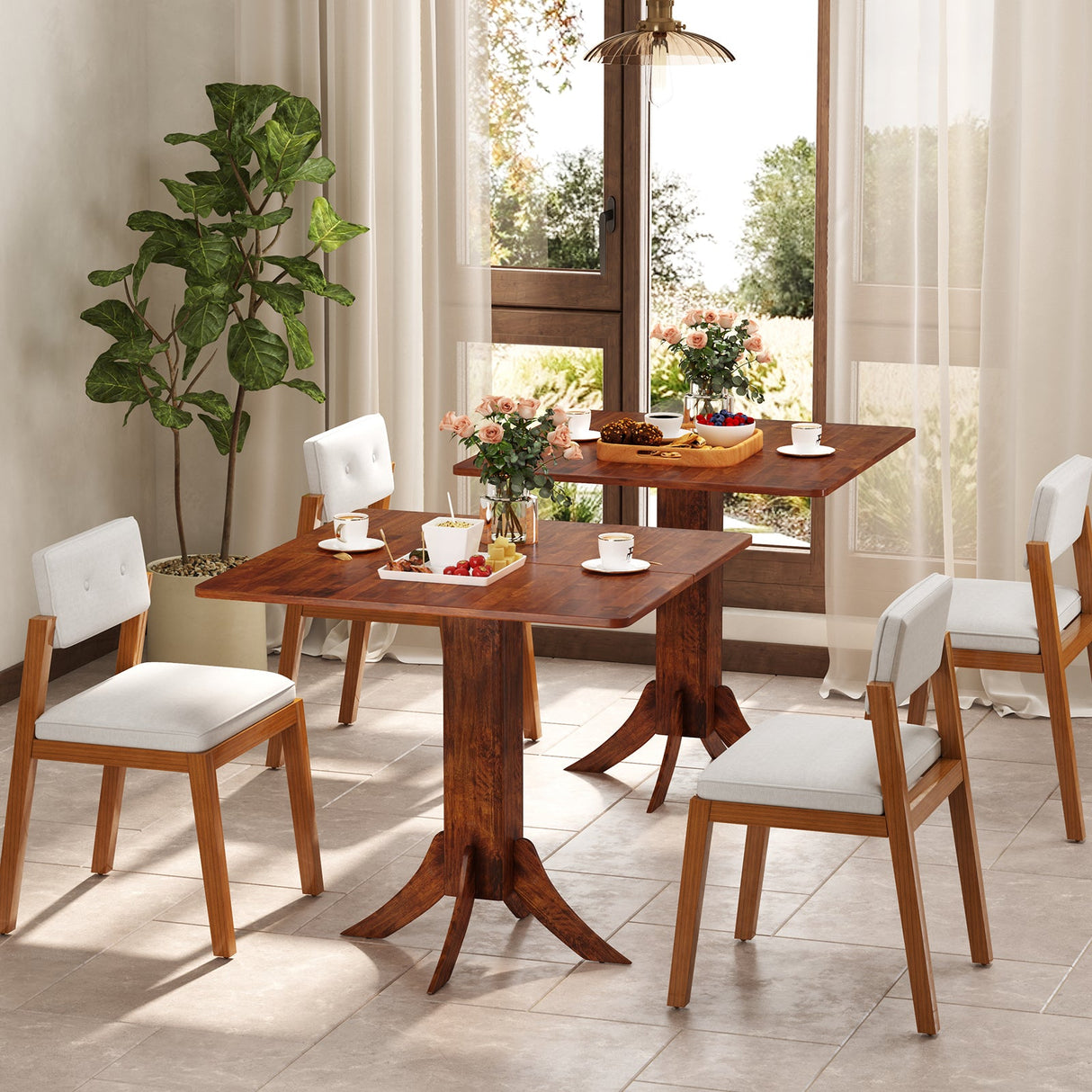 Square Dining Table with Pedestal Base and Rubber Wood Frame-Walnut