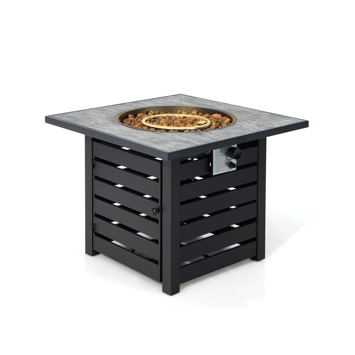Mesa fogata cuadrada de propano con rocas de lava y cubierta para lluvia