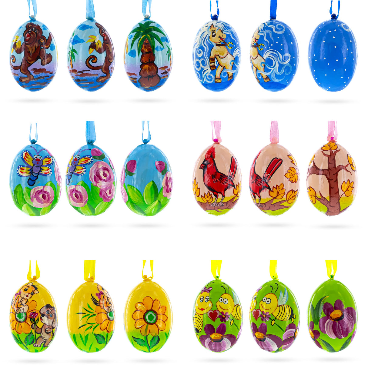 Monkey, Cardinal Bird, Butterfly, Pony and Bee Wooden Christmas Ornaments 3 Inch