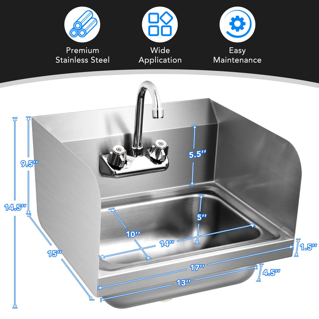 Fregadero de Pared de Acero Inoxidable para Lavado de Manos con Grifo y Protección Lateral
