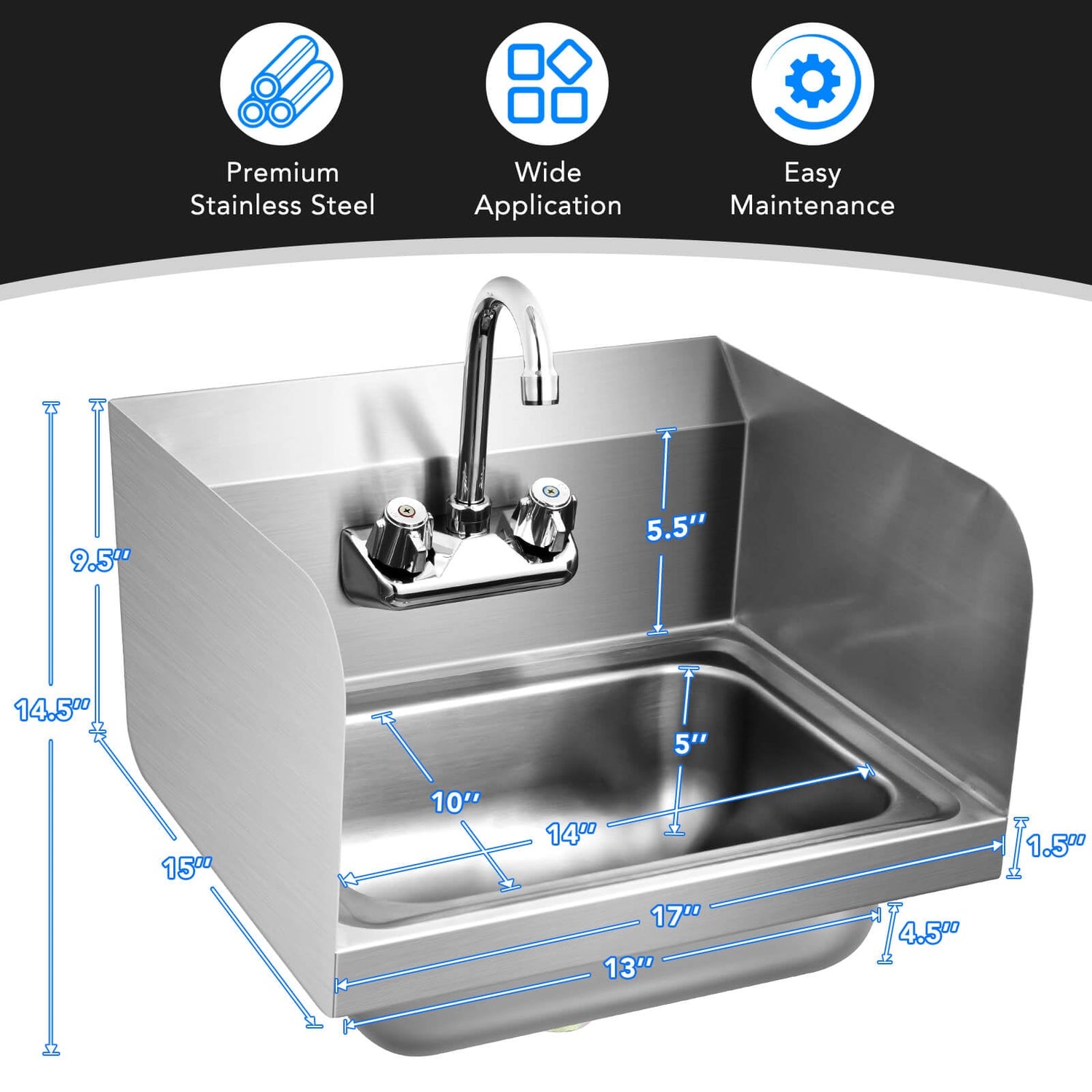 Fregadero de Pared de Acero Inoxidable para Lavado de Manos con Grifo y Protección Lateral