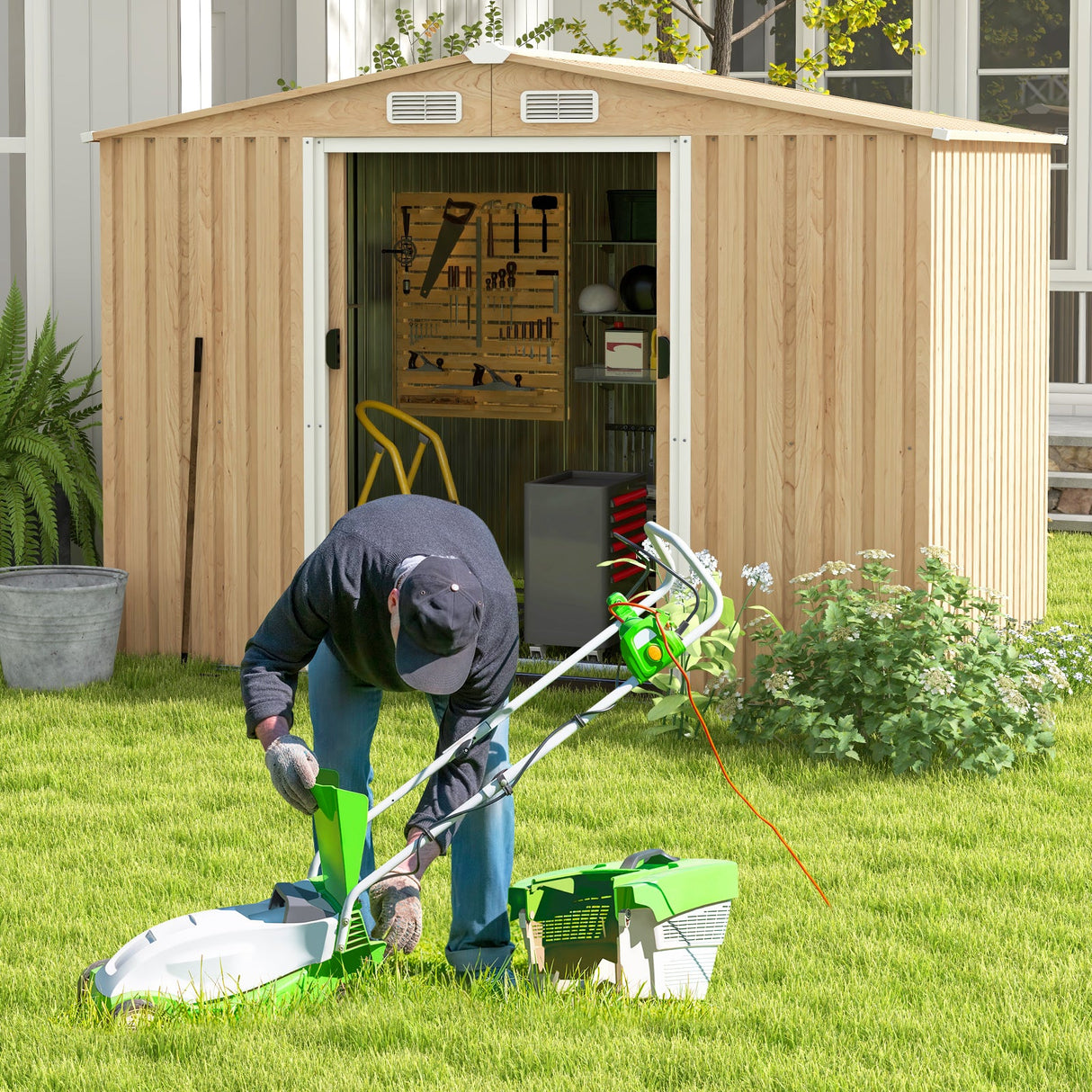 Cobertizo de acero galvanizado resistente a la intemperie con techo inclinado para jardín, patio o césped-Natural