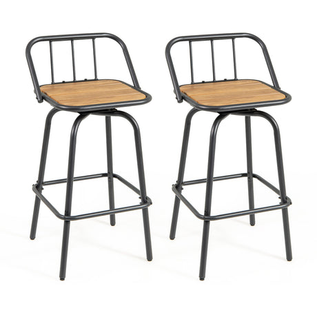 Juego de 2 taburetes de bar giratorios 360° con reposapiés y respaldo - Negro y natural