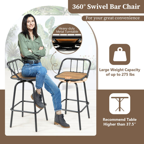 Juego de 2 taburetes de bar giratorios 360° con reposapiés y respaldo - Negro y natural