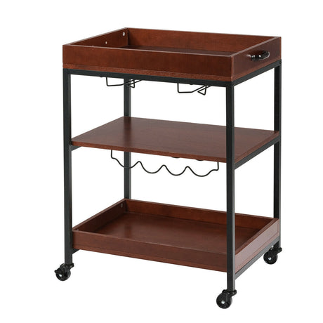 Carrito de bar de cocina de 3 niveles con soporte para vasos y botellero