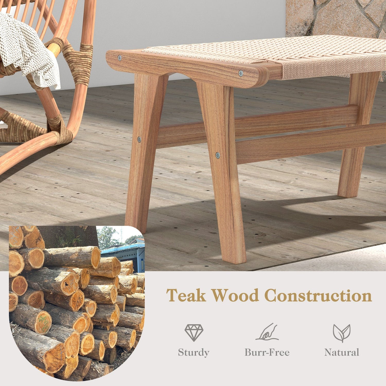 Teak Wood Ottoman Footstool with Braided Rope for Living Room