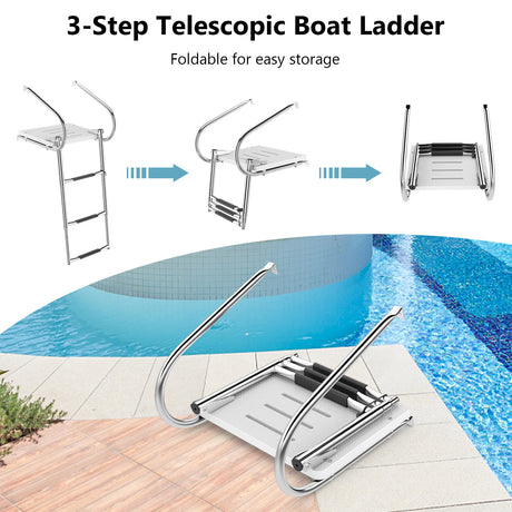 Escalera telescópica de 3 peldaños para barco con plataforma de fibra de vidrio y pasamanos
