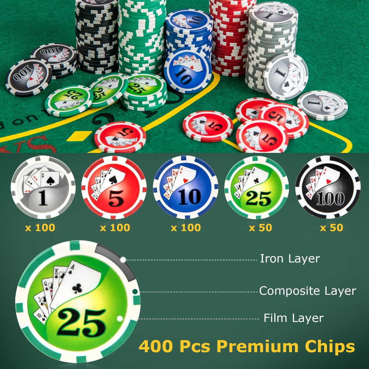 Juego de fichas de póquer Texas Hold'em Fichas de póquer de casino con 400 fichas - Negro