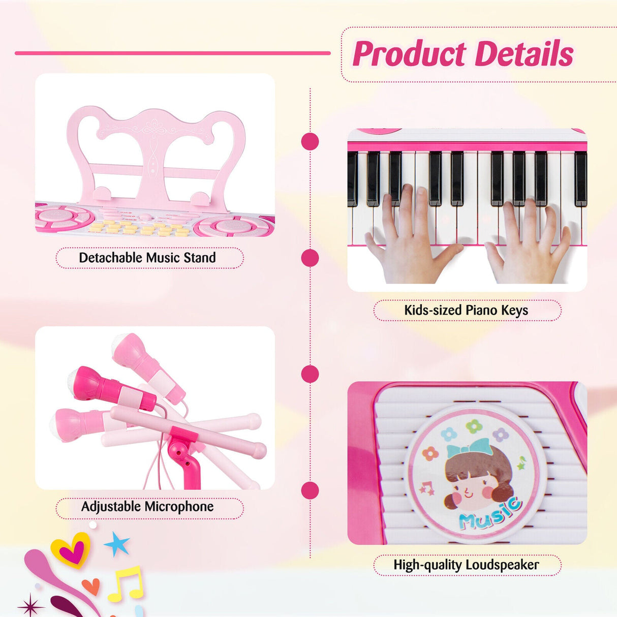 Teclado de piano de 49 teclas para niños de 3+ años - Rosa