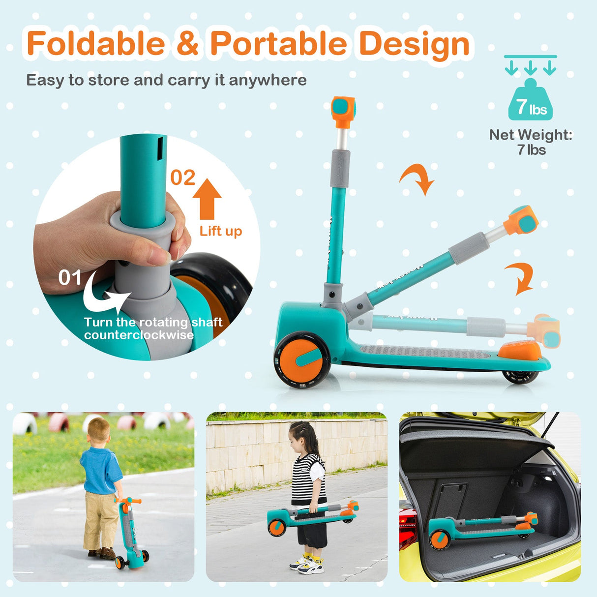Patinete de juguete para niños, plegable y ajustable, con ruedas LED que se iluminan, bocina y 4 fundas de emojis