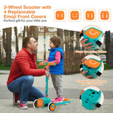 Patinete de juguete para niños, plegable y ajustable, con ruedas LED que se iluminan, bocina y 4 fundas de emojis