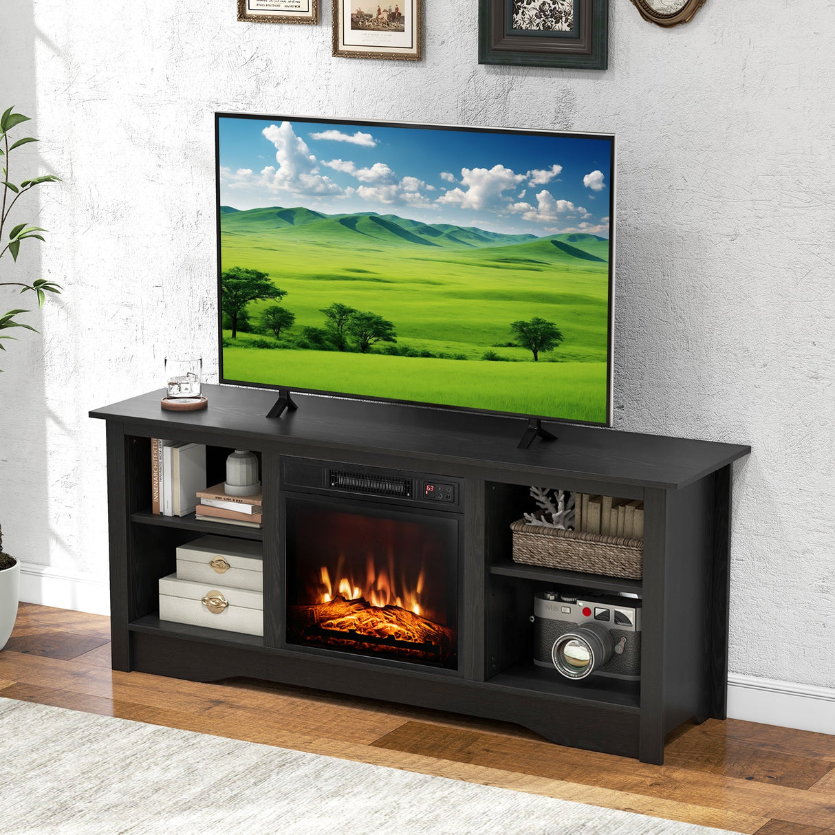 TV Stand for up to 65 Inch Flat Screen TVs with Adjustable Shelves for 18 Inch Electric Fireplace (Not Included)