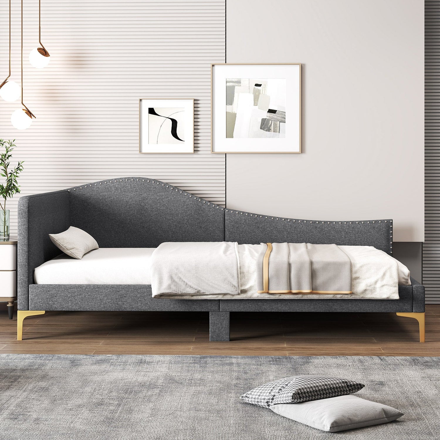 Cama Plataforma Rivet-Tufted de Tamaño Matrimonial/Individual con Patas de Metal y Lamas de Madera
