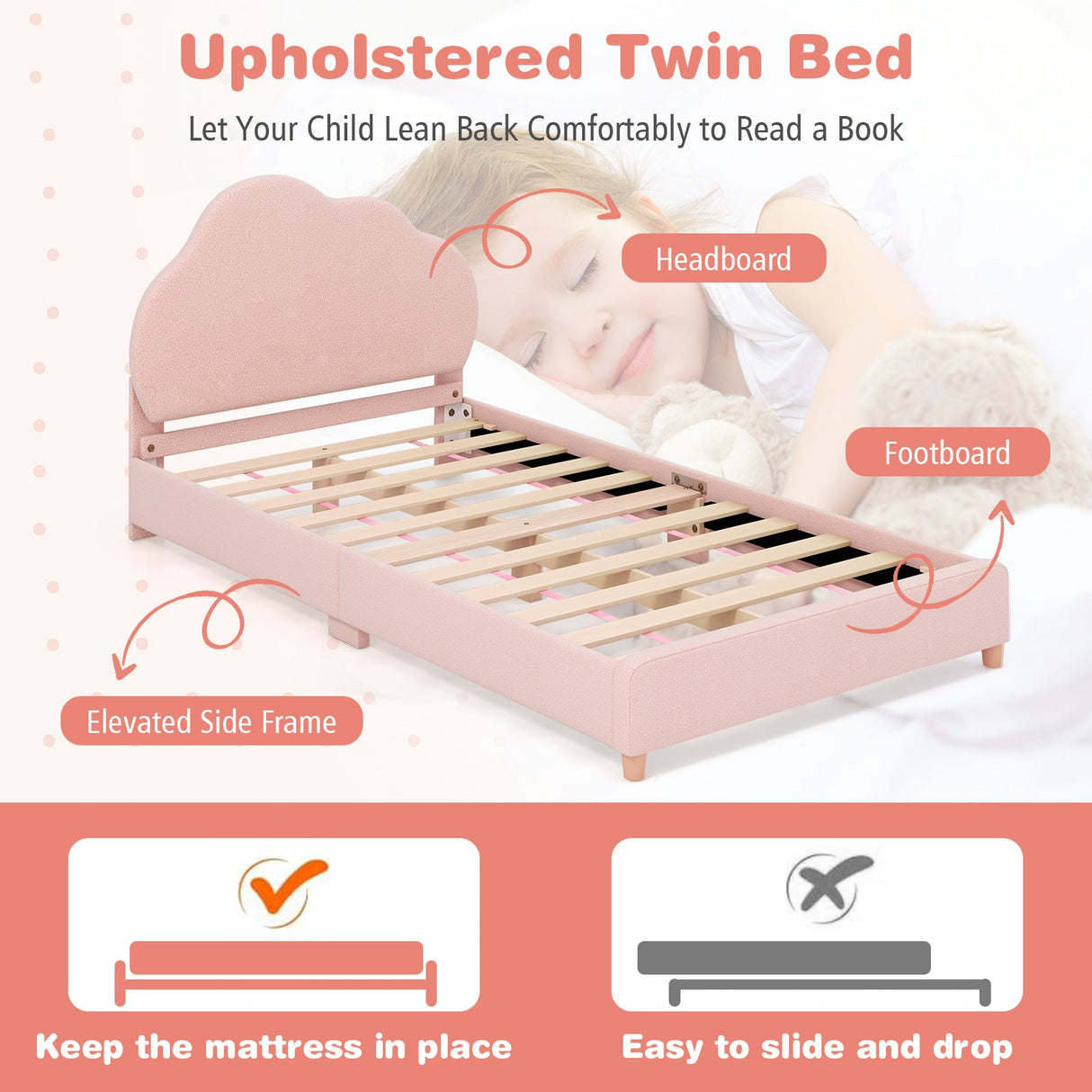 Estructura de Cama Individual con Cabecero Ajustable en Altura y Resistentes Láminas de Madera