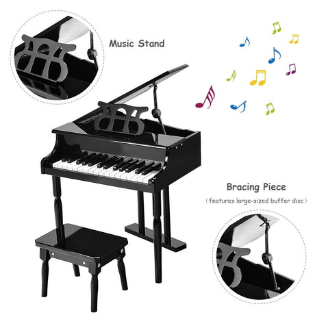 Teclado de piano de juguete de 30 teclas para niños con banqueta, tapa de piano y atril