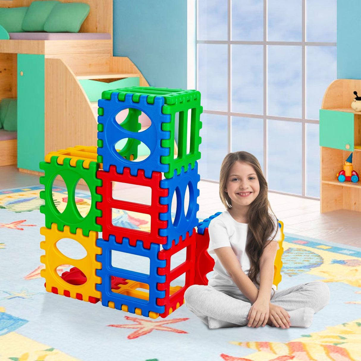 32 Piezas de Bloques Grandes de Waffle para Niños, Juguete Educativo de Construcción Apilable