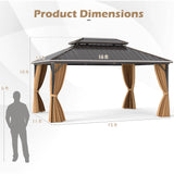 Cenador de Techo Duro de 16 x 12 Pies, Estructura de Aluminio, Pabellón Permanente con Cortinas y Mosquiteras - Café