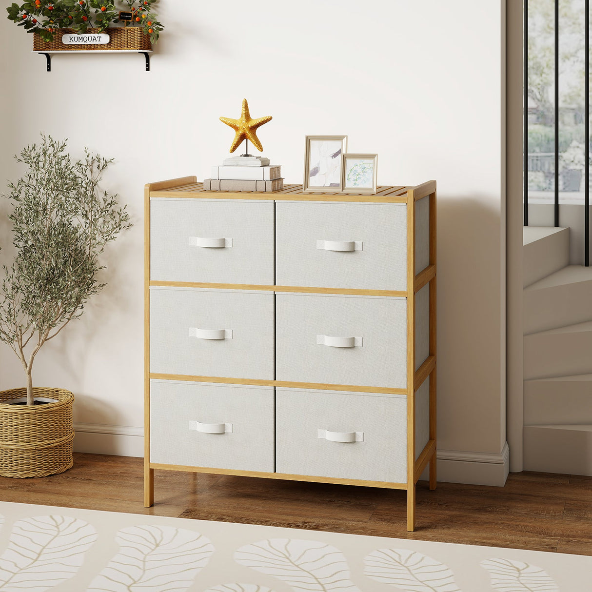Cómoda de tela con 6 cajones y 6 cubos de tela plegables para dormitorio o sala de estar - Natural