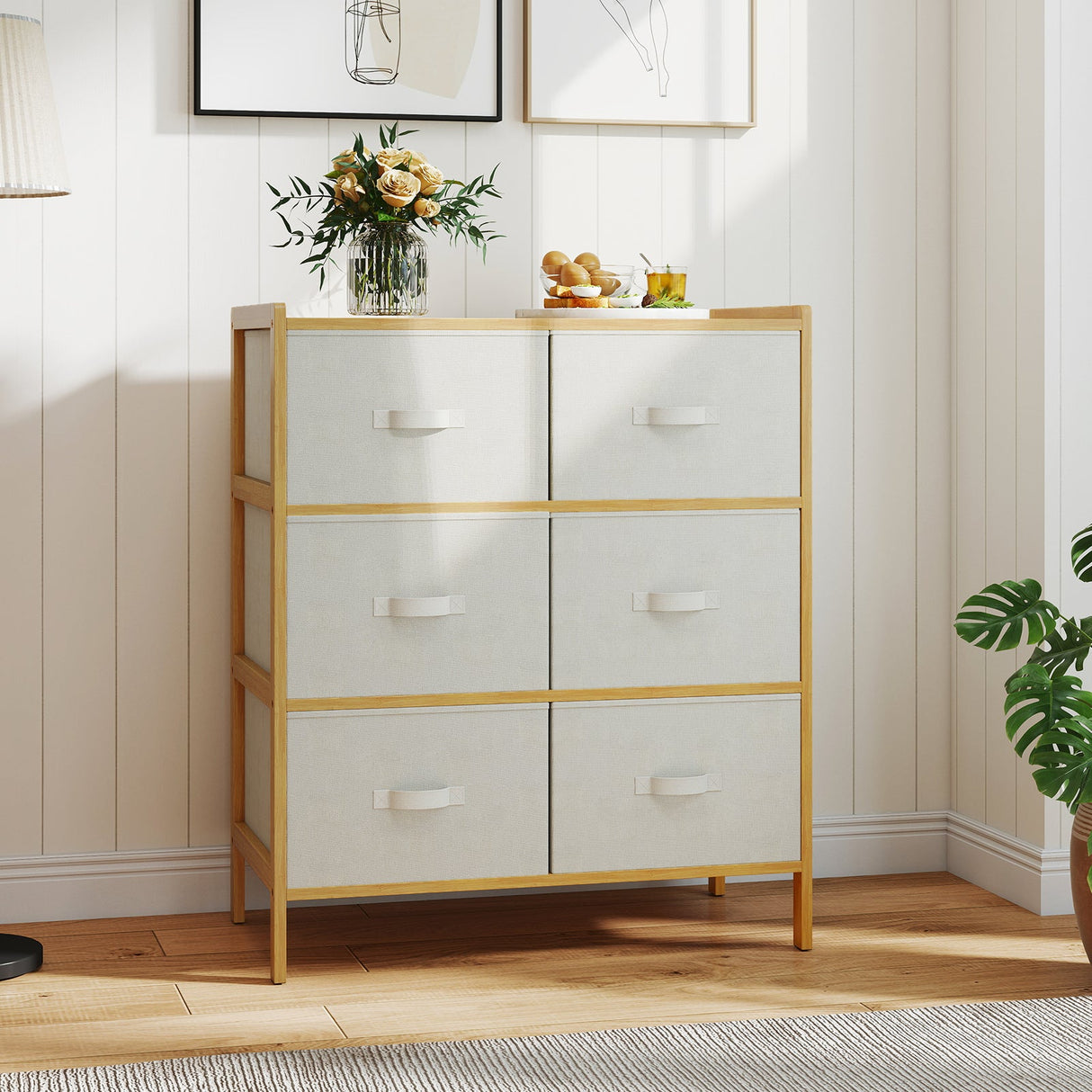 Cómoda de tela con 6 cajones y 6 cubos de tela plegables para dormitorio o sala de estar - Natural