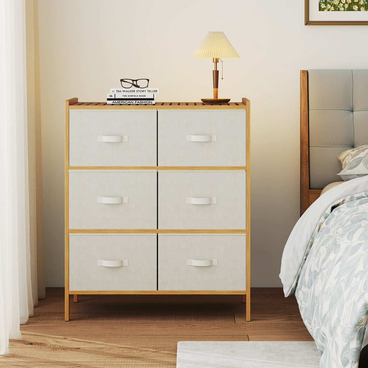Cómoda de tela con 6 cajones y 6 cubos de tela plegables para dormitorio o sala de estar - Natural