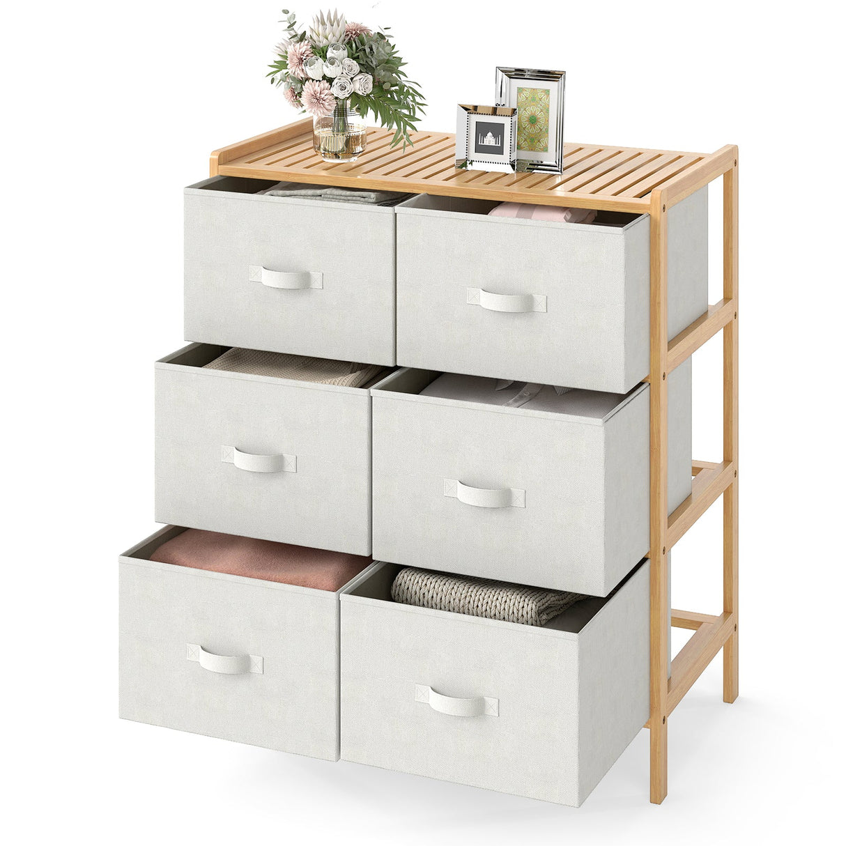 Cómoda de tela con 6 cajones y 6 cubos de tela plegables para dormitorio o sala de estar - Natural