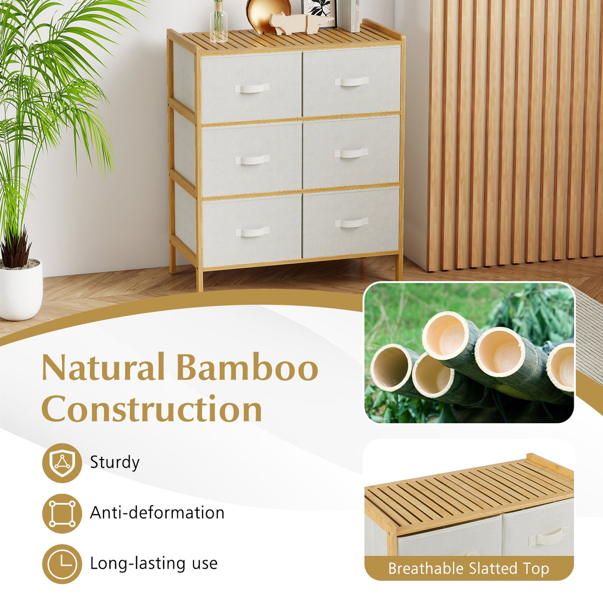 Cómoda de tela con 6 cajones y 6 cubos de tela plegables para dormitorio o sala de estar - Natural