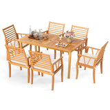 Juego de comedor de patio de 7 piezas de madera de acacia con agujero para sombrilla de 5 cm y cojines acolchados