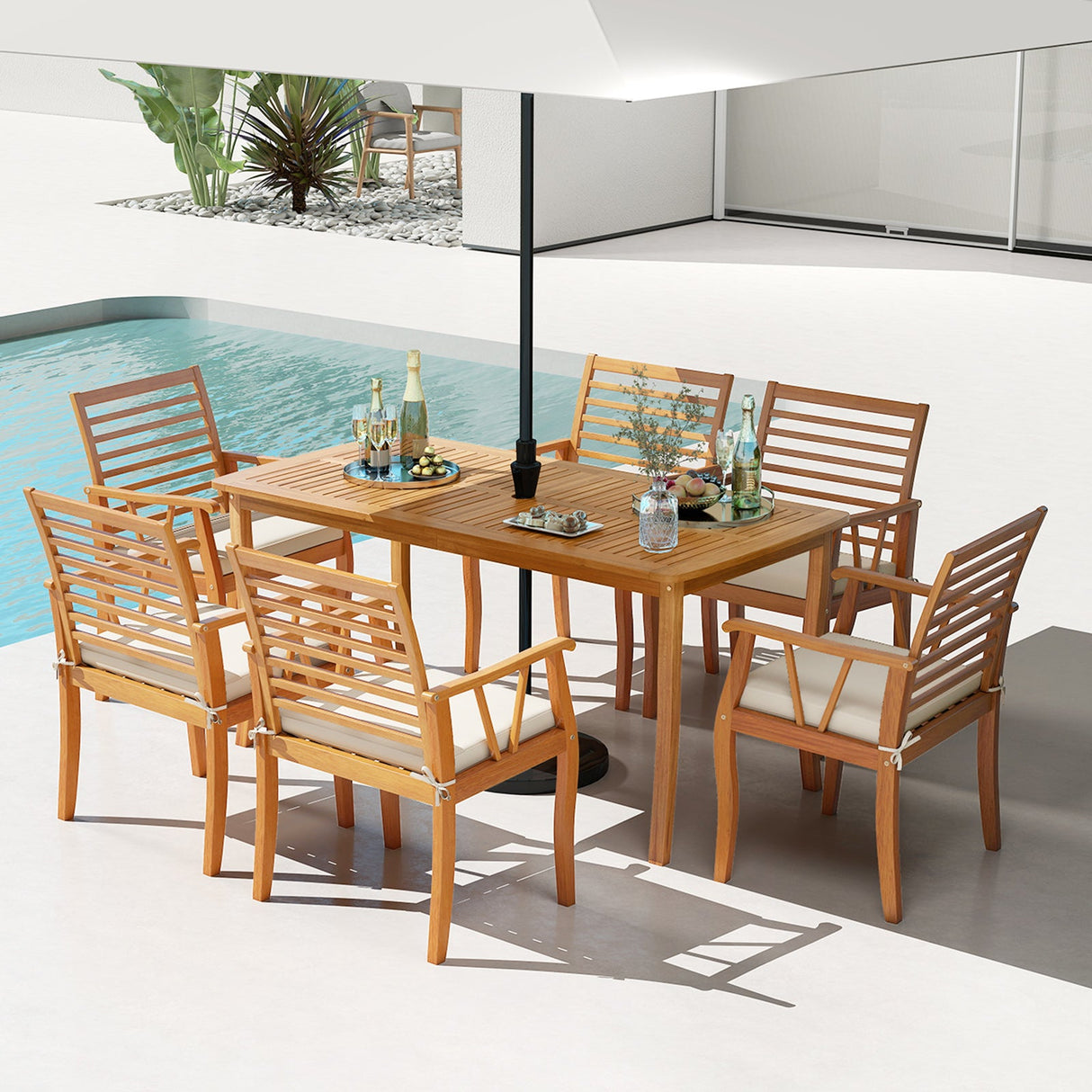 Juego de comedor de patio de 7 piezas de madera de acacia con agujero para sombrilla de 5 cm y cojines acolchados