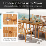 Juego de comedor de patio de 7 piezas de madera de acacia con agujero para sombrilla de 5 cm y cojines acolchados