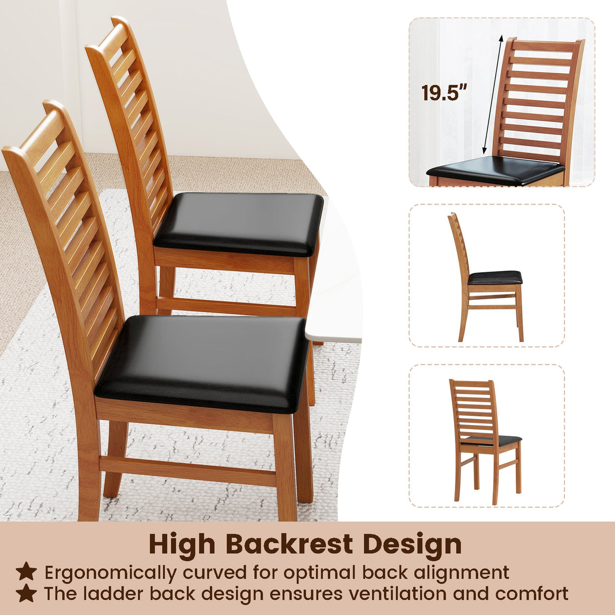 Juego de 2 sillas de comedor de madera con patas de madera de caucho para sala de estar