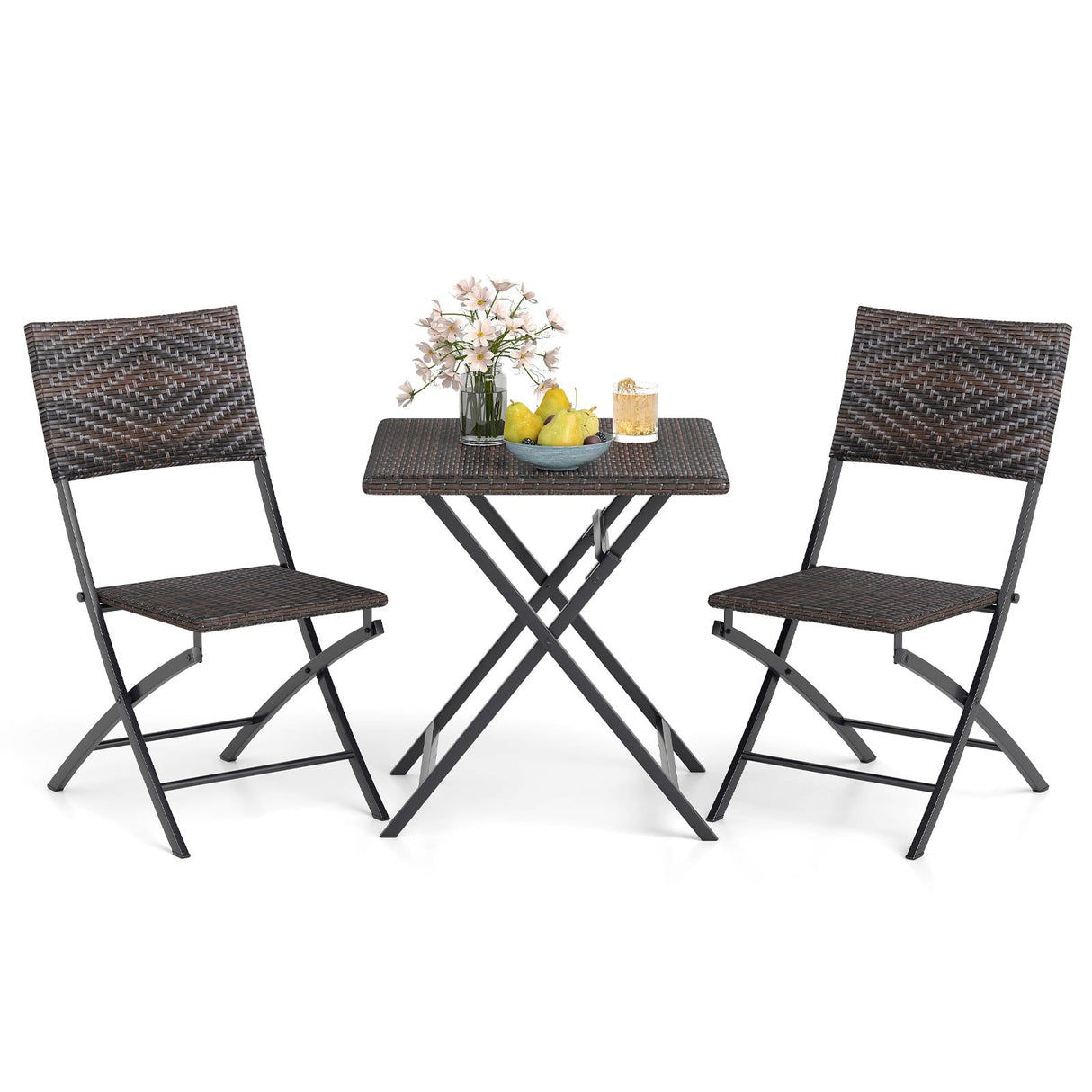 Juego de bistró de ratán de 3 piezas, mesa y sillas de comedor plegables para exterior con asiento de mimbre