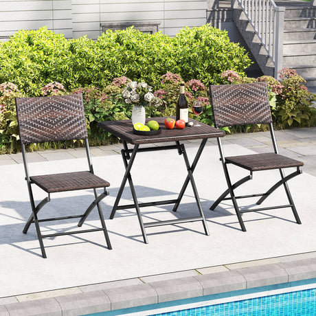 Juego de bistró de ratán de 3 piezas, mesa y sillas de comedor plegables para exterior con asiento de mimbre