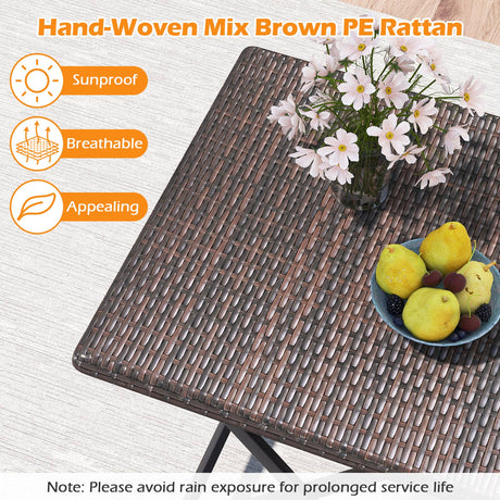 Juego de bistró de ratán de 3 piezas, mesa y sillas de comedor plegables para exterior con asiento de mimbre