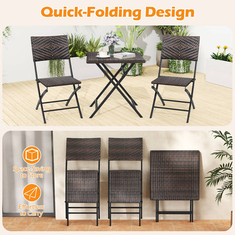 Juego de bistró de ratán de 3 piezas, mesa y sillas de comedor plegables para exterior con asiento de mimbre