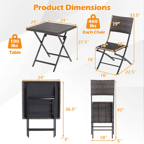 Juego de bistró de ratán de 3 piezas, mesa y sillas de comedor plegables para exterior con asiento de mimbre