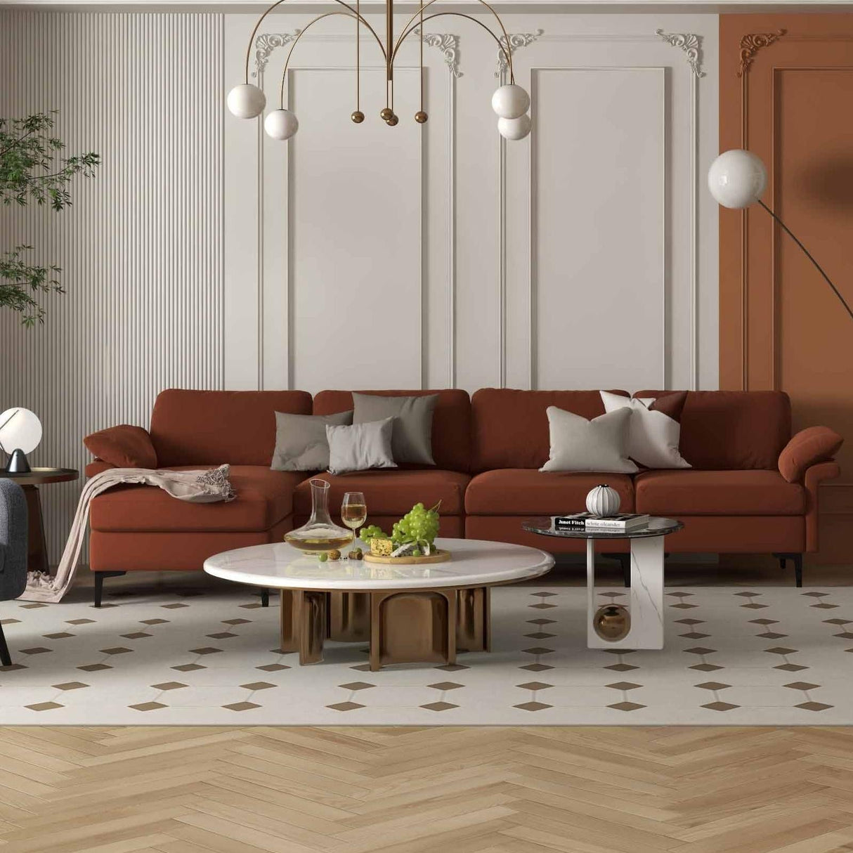 Sillón decorativo + Mesa auxiliar + Sofá seccional en forma de L /Juego de muebles modernos de 3 piezas para sala de estar/