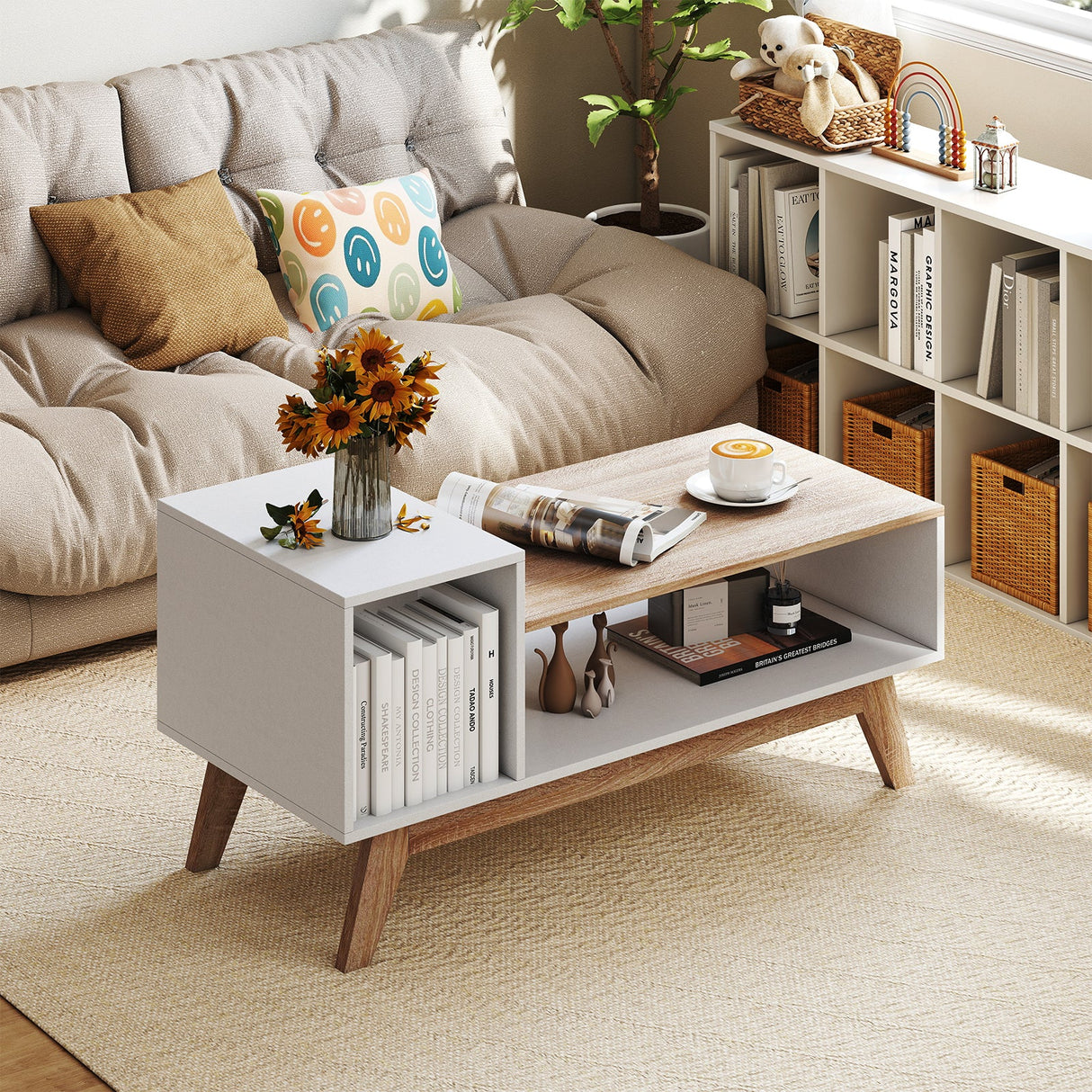 Mesa de centro de 43 pulgadas con tablero escalonado y compartimentos de almacenamiento - Blanco