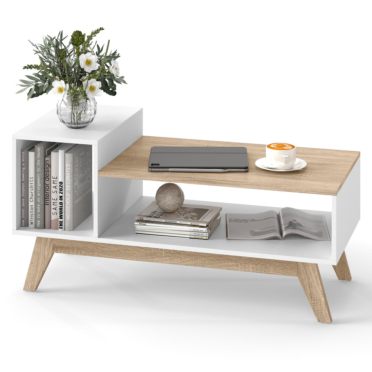 Mesa de centro de 43 pulgadas con tablero escalonado y compartimentos de almacenamiento - Blanco
