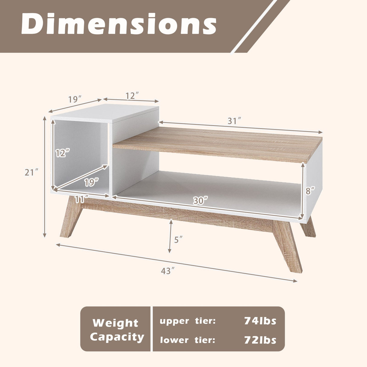 Mesa de centro de 43 pulgadas con tablero escalonado y compartimentos de almacenamiento - Blanco