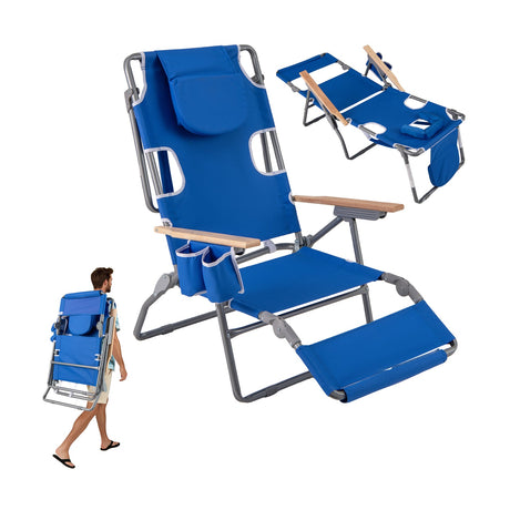 Tumbona de playa plegable 3 en 1 con reposapiés y respaldo ajustable