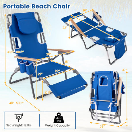 Tumbona de playa plegable 3 en 1 con reposapiés y respaldo ajustable