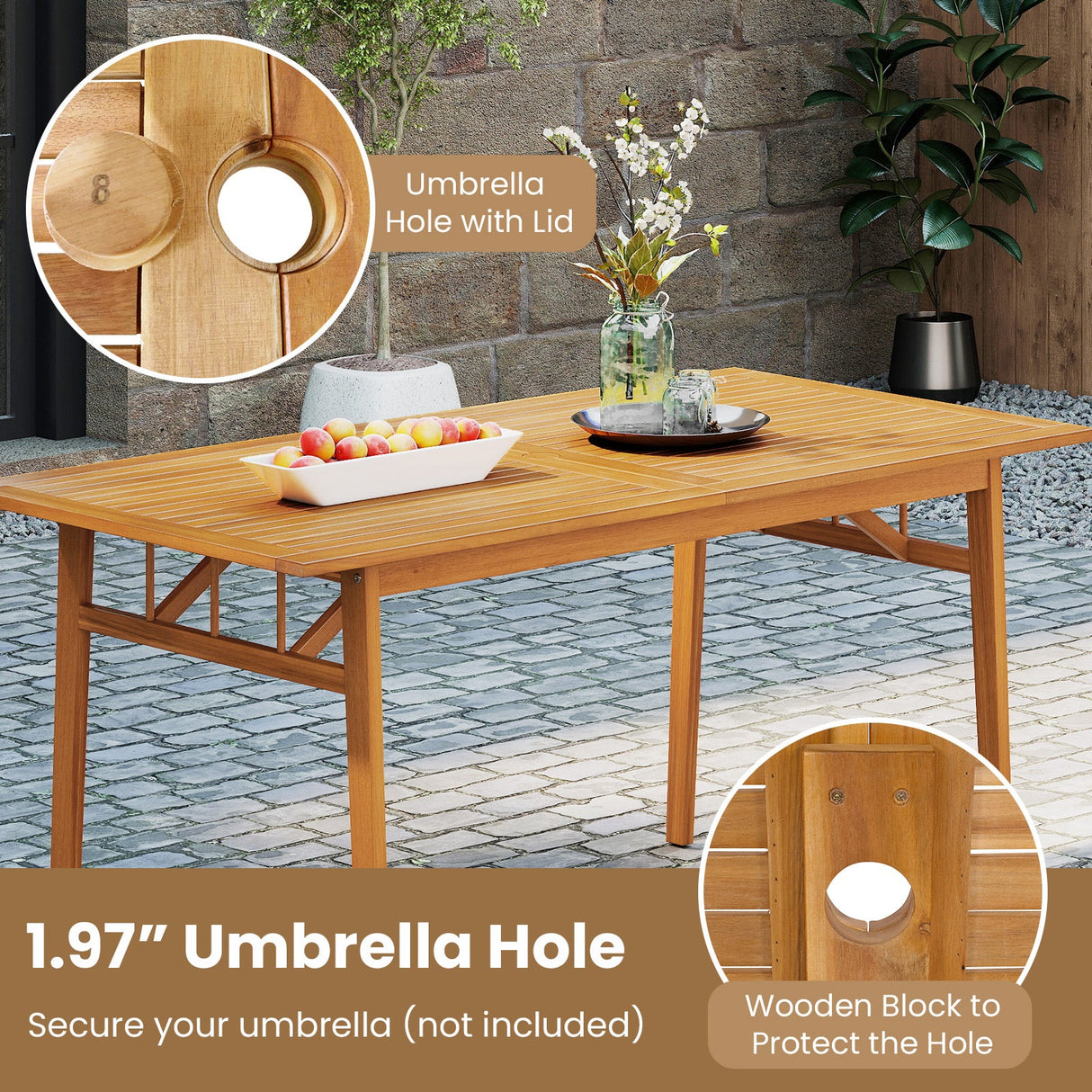Juego de comedor de patio de 6 piezas de madera de acacia con banco, mesa rectangular y sillas