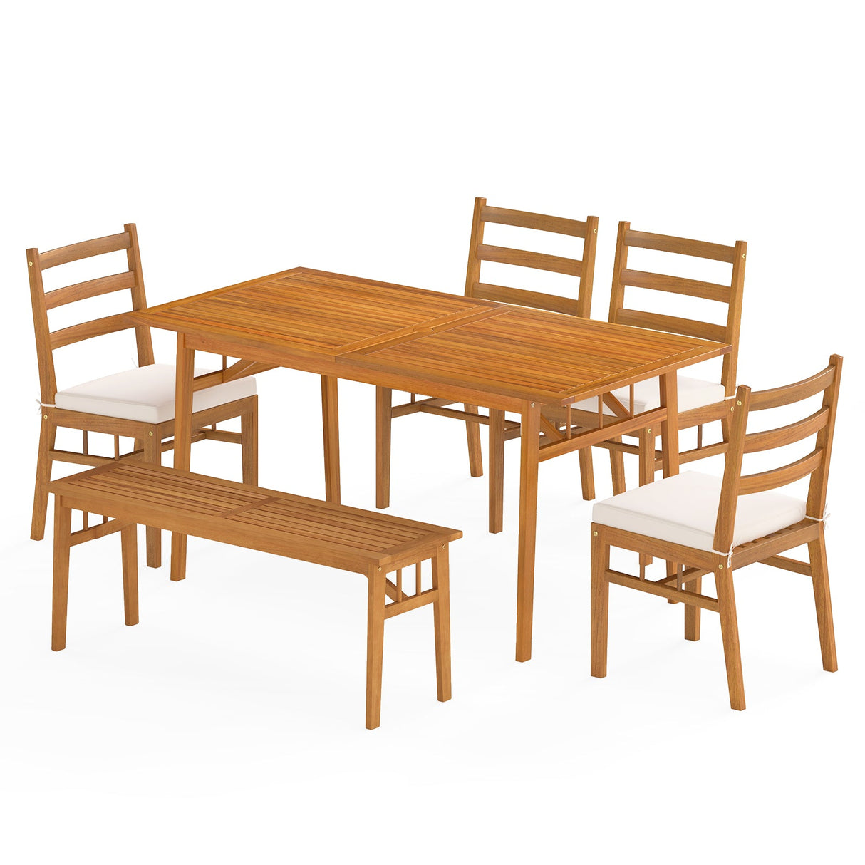 Juego de comedor de patio de 6 piezas de madera de acacia con banco, mesa rectangular y sillas