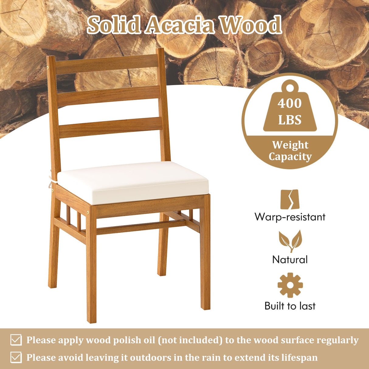 Juego de comedor de patio de 6 piezas de madera de acacia con banco, mesa rectangular y sillas