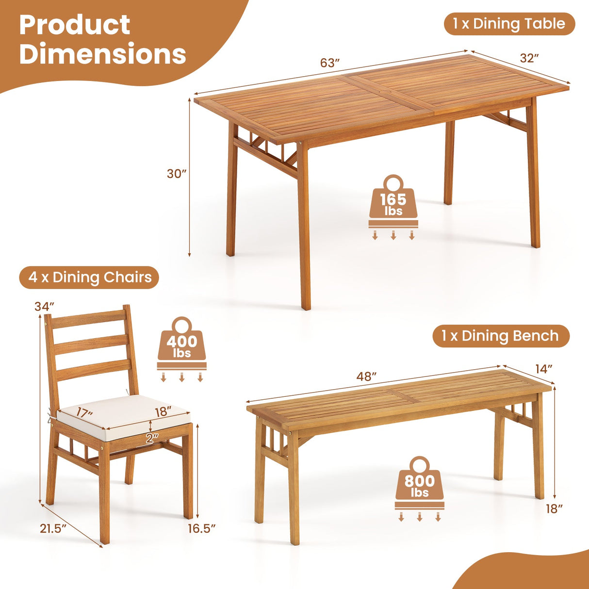 Juego de comedor de patio de 6 piezas de madera de acacia con banco, mesa rectangular y sillas