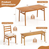 Juego de comedor de patio de 6 piezas de madera de acacia con banco, mesa rectangular y sillas
